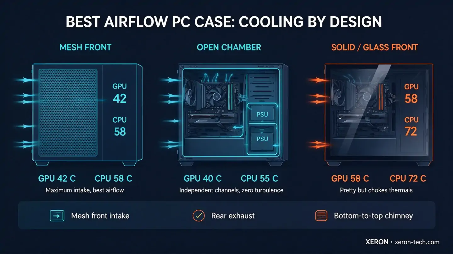 Best airflow PC case comparison: mesh front vs open chamber vs solid glass front, with CPU and GPU temperature differences