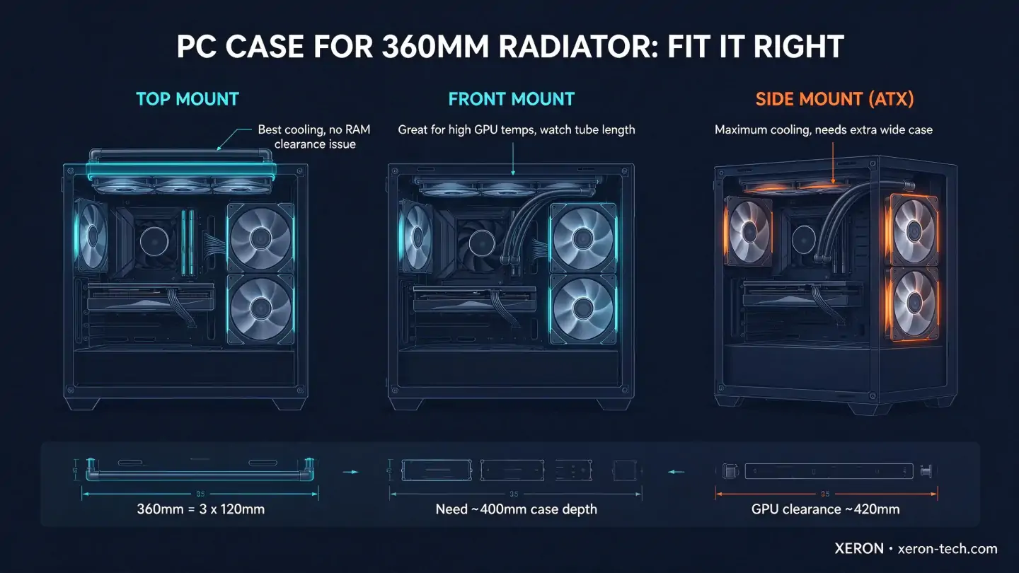 PC case for 360mm radiator comparison: top mount, front mount, and side mount options with dimensions