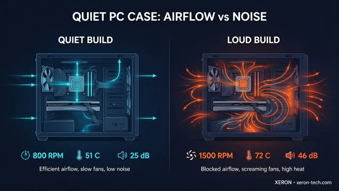 Quiet PC Case airflow comparison: quiet build runs at 800 RPM, 51C, 25 dB while a loud build hits 1500 RPM, 72C, 46 dB