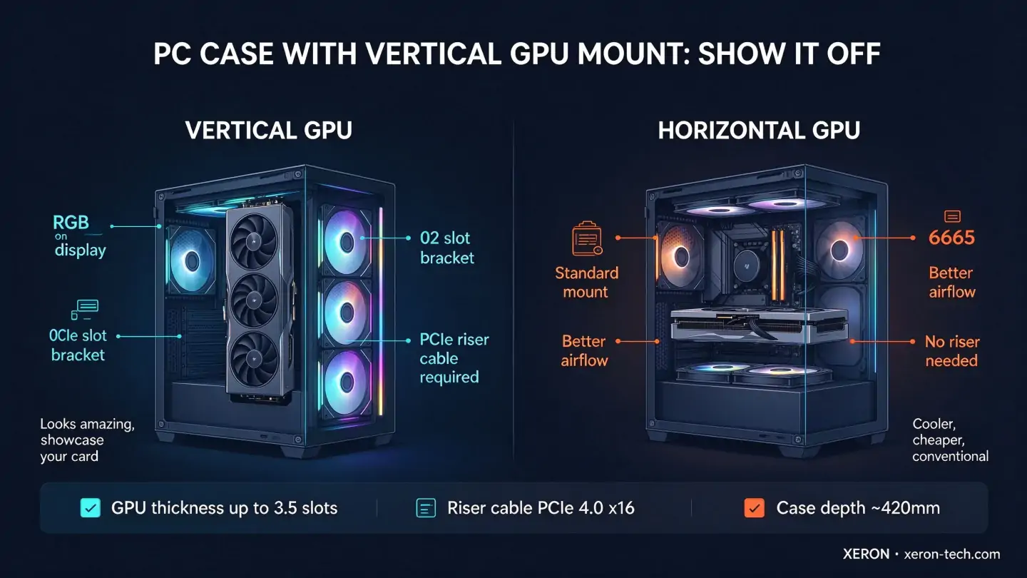 PC case with vertical GPU mount comparison: vertical showcase vs horizontal standard mount with compatibility checklist