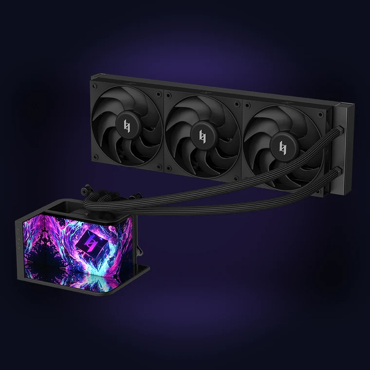 XERON LUX L360 VISION 360mm AIO liquid cooler with a 6.67-inch curved OLED display on the cold head