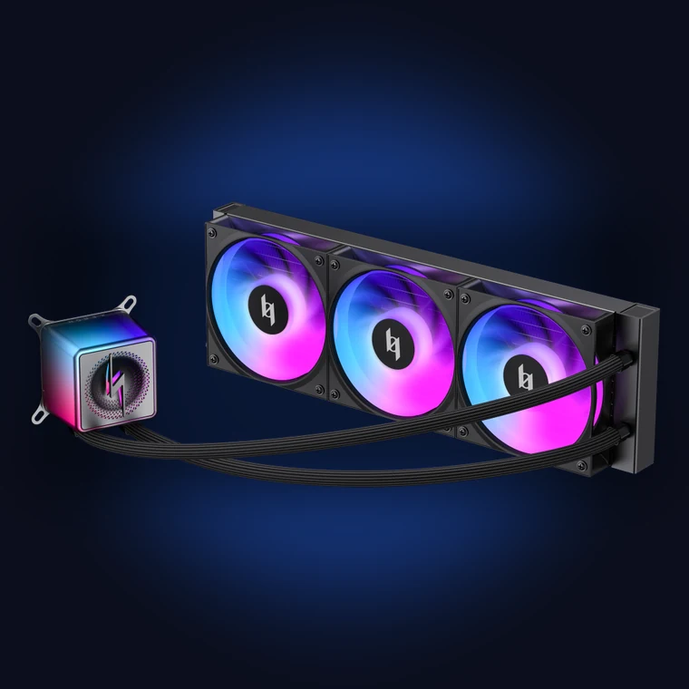 XERON NEX L360 ARGB 360mm AIO liquid cooler with three ARGB radiator fans and an illuminated cold head